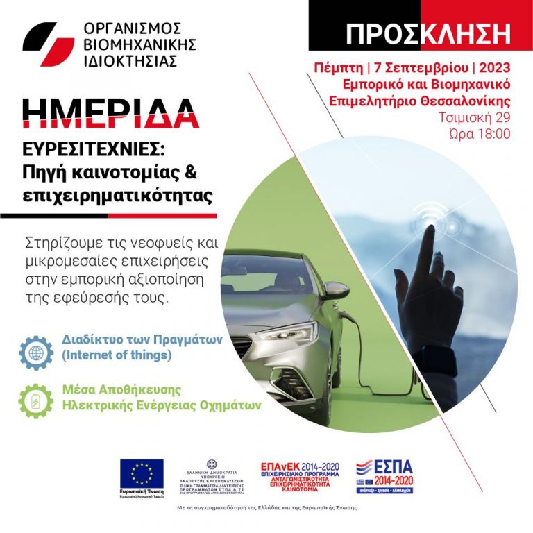 07.09.2023 Ημερίδα στη Θεσσαλονίκη από τον ΟΒΙ – Πράξη ΕΣΠΑ-Οργάνωση Υπηρεσίας για την ενίσχυση νεοφυών και μικρομεσαίων επιχειρήσεων στη διερεύνηση και κατοχύρωση ευρεσιτεχνίας