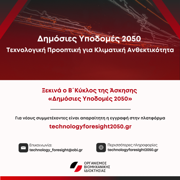 Ο ΟΒΙ ανακοινώνει την Έναρξη του Β’ Κύκλου της Άσκησης “Δημόσιες Υποδομές 2050 | Τεχνολογική Προοπτική για Κλιματική Ανθεκτικότητα”