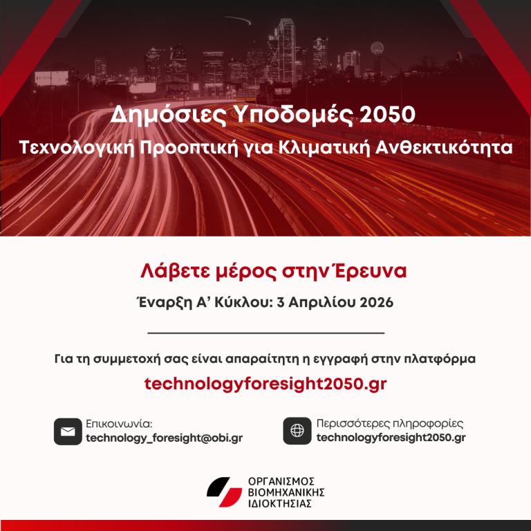 Ο Οργανισμός Βιομηχανικής Ιδιοκτησίας (ΟΒΙ) ξεκινά την Άσκηση «Δημόσιες Υποδομές 2050 | Τεχνολογική Προοπτική για Κλιματική Ανθεκτικότητα»